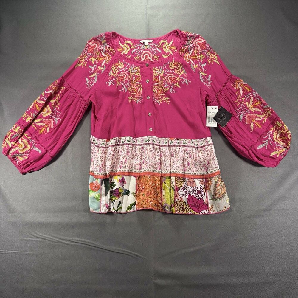 John Mark Embroidered Mixed Prints Balloon Sleeve Top Women's Medium Boho